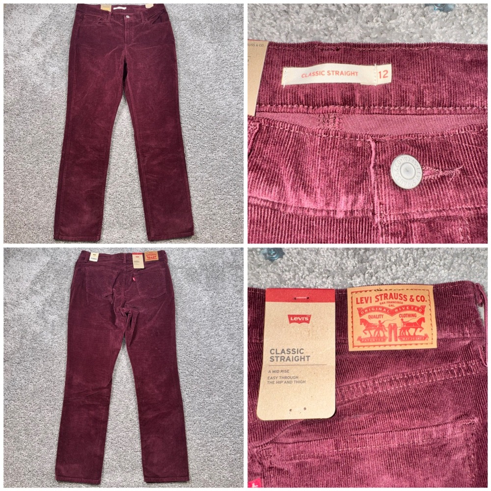 Levis Classic Straight Corduroy Pants Womens Stretch Burgundy 12M NEW